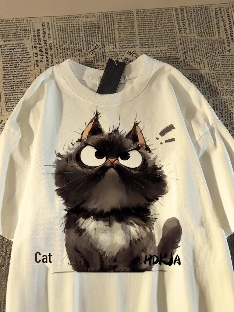 American Retro Kitten T-shirt - Neutral Short Sleeve, Summer Street Style, Loose Fit, Hip Hop Style