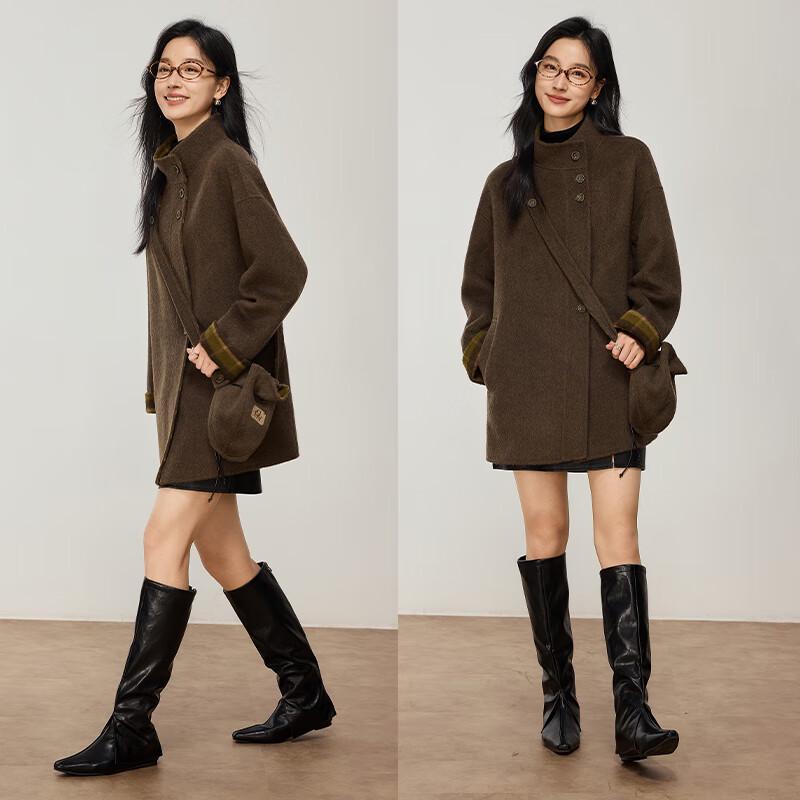 VICTORIA&VERA Women's Retro Plaid Alpaca Blend Double-faced Wool Coat