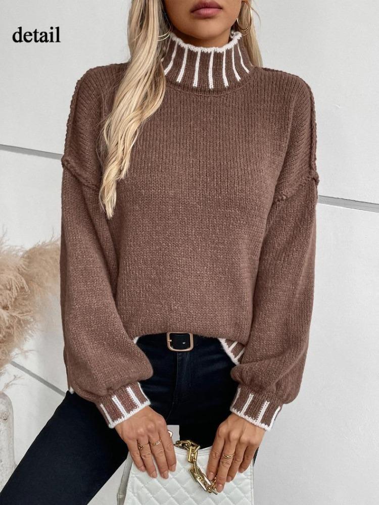 Women Oversized Turtleneck Sweater Loose Lantern Sleeve Ribbed Knit Pullover Casual Long Sleeve Top for Fall Fashion