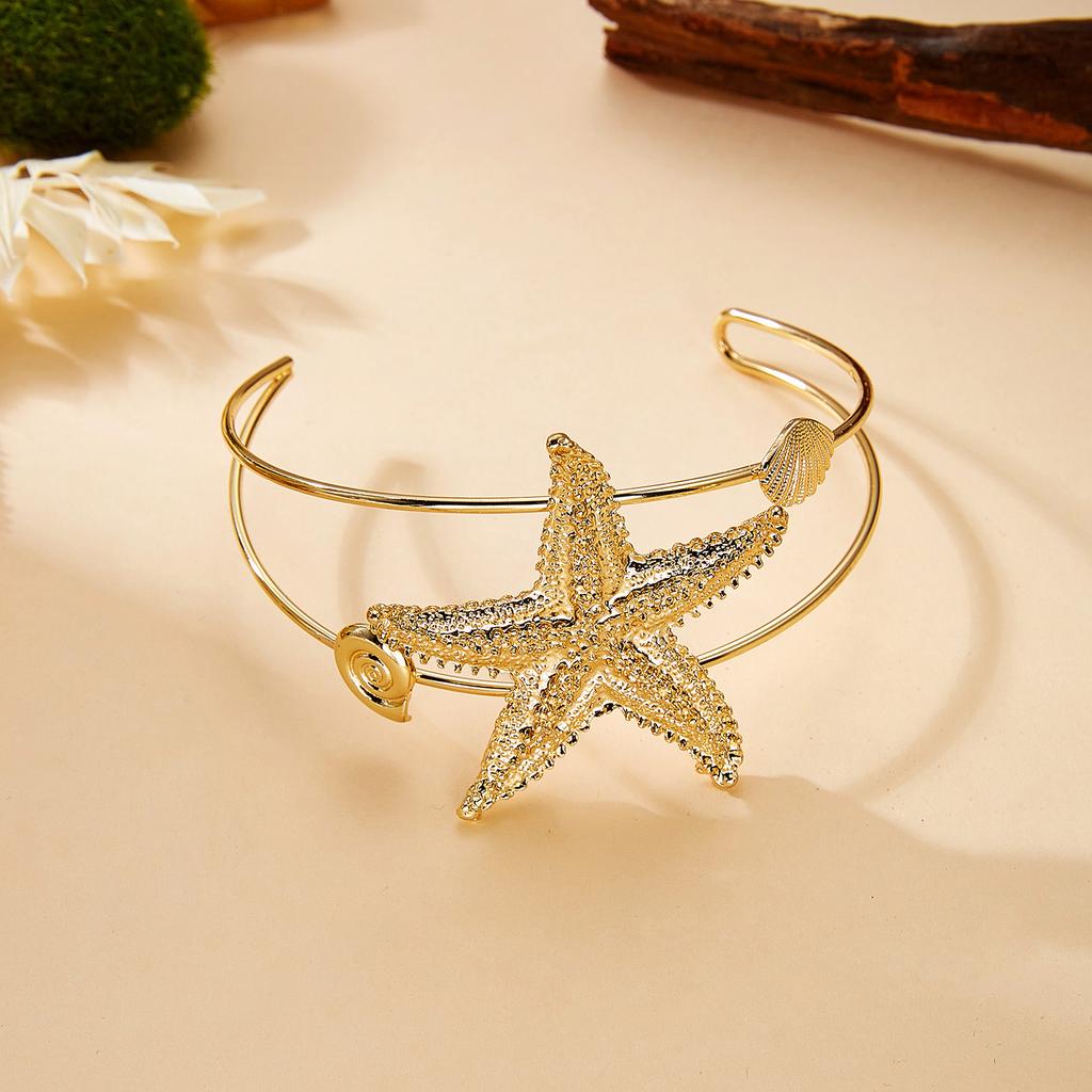 Vintage Metal Starfish Upper Arm Bracelet for Women Imitation Pearls Shell Geometric Open Arm Bracelets Summer Jewelry Gift