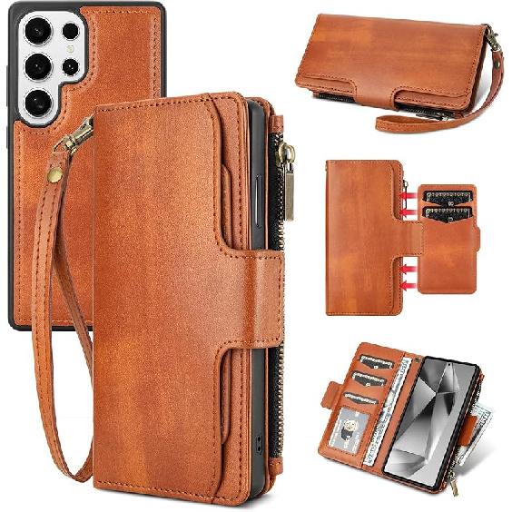 JGY Wallet Case for Samsung Galaxy S25 Ultra PU Leather Detachable Magnetic Wallet Case with Removable Minimalist Front Pocket 5 Card Holder Hand