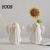 Modern Minimalist Home Decor Light Up Ceramic Ghost Figurines for Halloween Decor, Cute White Statue Milky Vase with Pink Tongue, LED Night