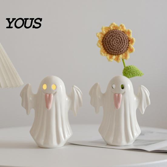 Modern Minimalist Home Decor Light Up Ceramic Ghost Figurines for Halloween Decor, Cute White Statue Milky Vase with Pink Tongue, LED Night