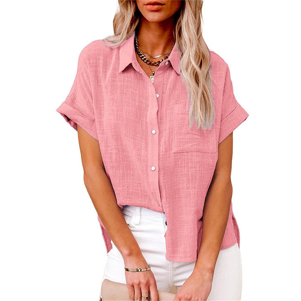 Summer Plain Button Down Turn Down Collar Women's Solid Cotton Short Sleeve Blouse Shirts