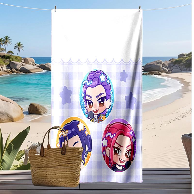 Kpop Demon Hunters Printed Beach Towel, Large Absorbent Quick Dry Towel for Summer Outdoor Swimming
