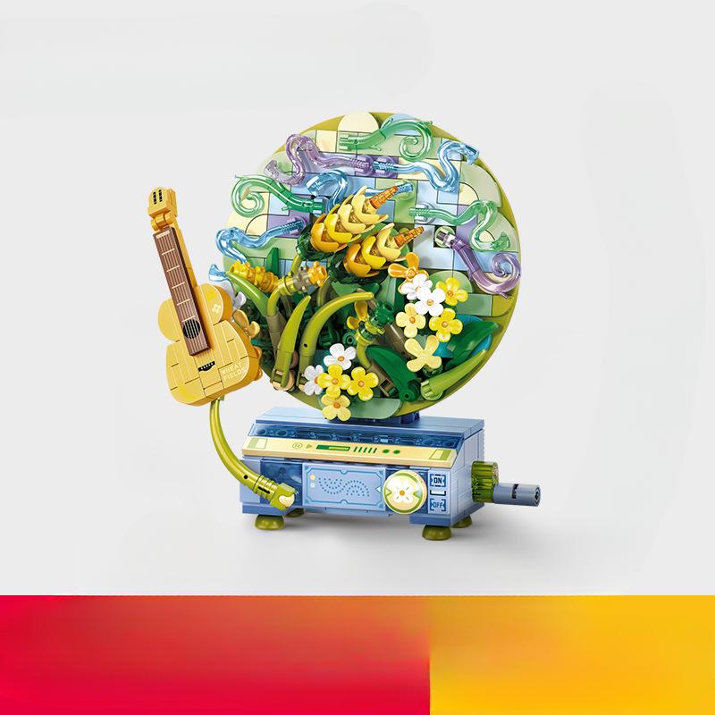 Building Block Flower Language Rotary Record Machine Is Compatible with Children's Assembled Educational Diy Toys