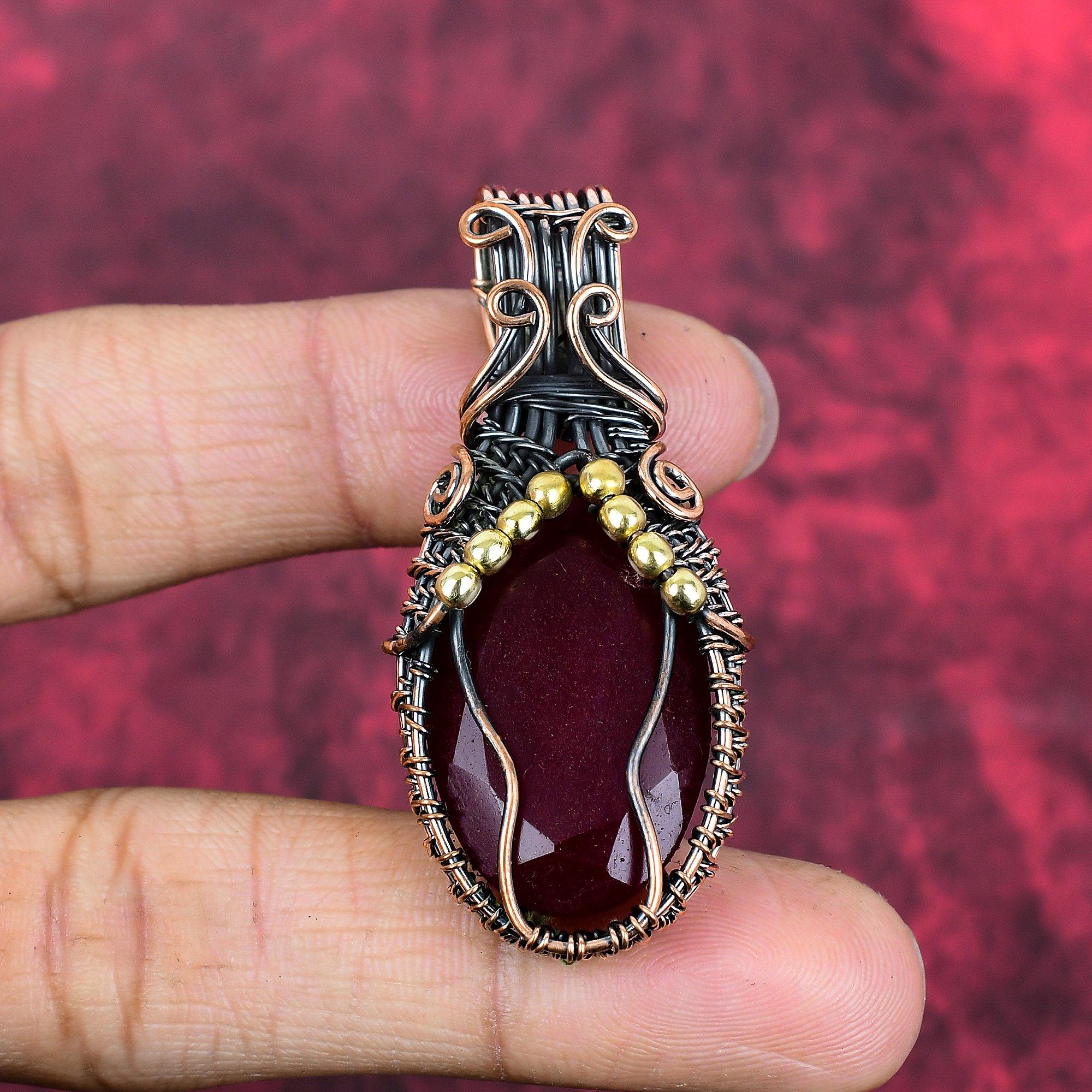 Faceted kashmir ruby pendant copper wire wrapped gemstone pendant copper jewelry handmade boho pendant wire weaving jewelry gifts for women