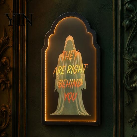 Mirror Light Up Ghost Mirror, Arched Wooden Frame Ghost/Grim Reaper Halloween Battery Operated Wall Art Soft Ambient Lighted Decorative for