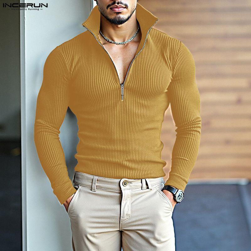 INCERUN Autumn Men Stand Collar Long Sleeve Zip-up Rib Knitted Pullovers Tops