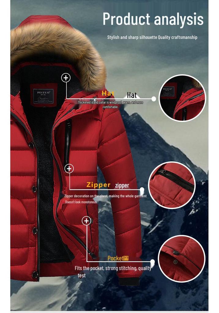 Men's Winter Thick Hooded Jacket with Fur Collar - Warm, Loose, Casual Outdoor Top