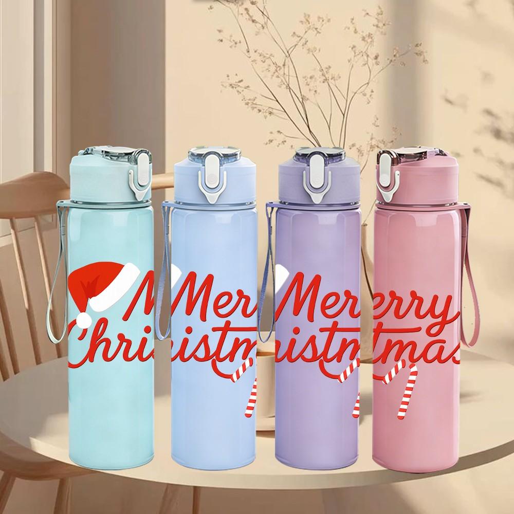 1PC Merry Christmas Red Text Letter 750ml Color Plastic Sports Water Bottle Leakproof Flip Straw Lid Suitable for Sports Office Home Use