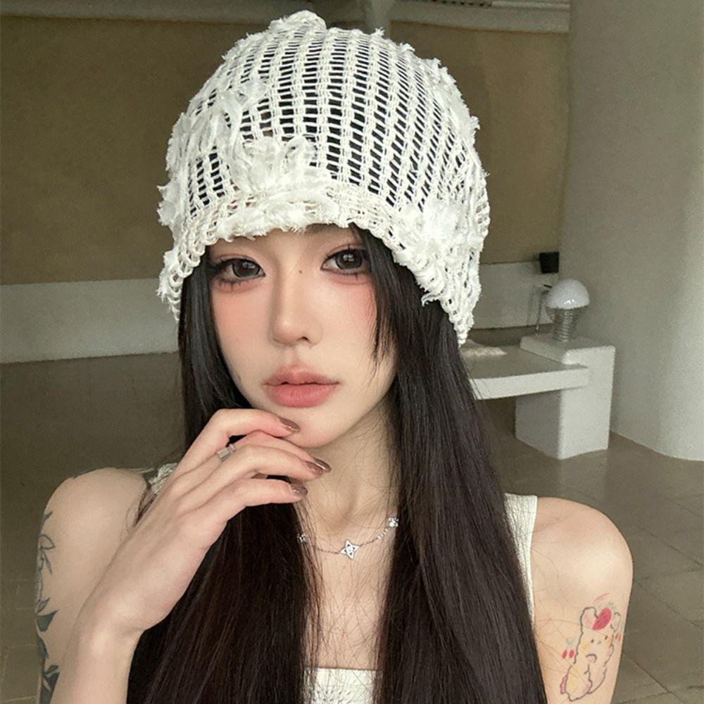 Cute Crochet Flower Hat Hollow Out Weave Cap Retro Flower Knitted Hat  Apparel Accessories