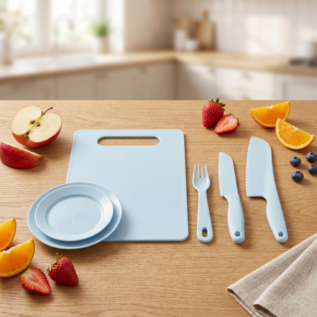 Children Plastic Kitchen Knife and Fruit Knife Educational Set with Cutting Board Plate and Fork for Safe Food Preparation