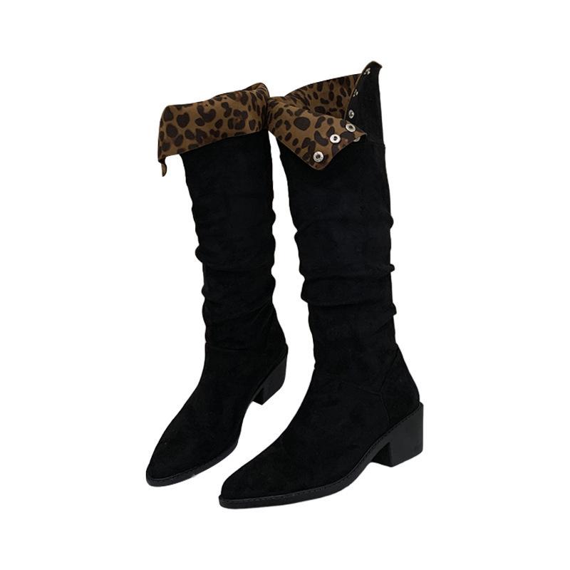 Pleated stacked boots women's 2025 autumn and winter new high knight boots pointed thick heel two wear long boots women's boots