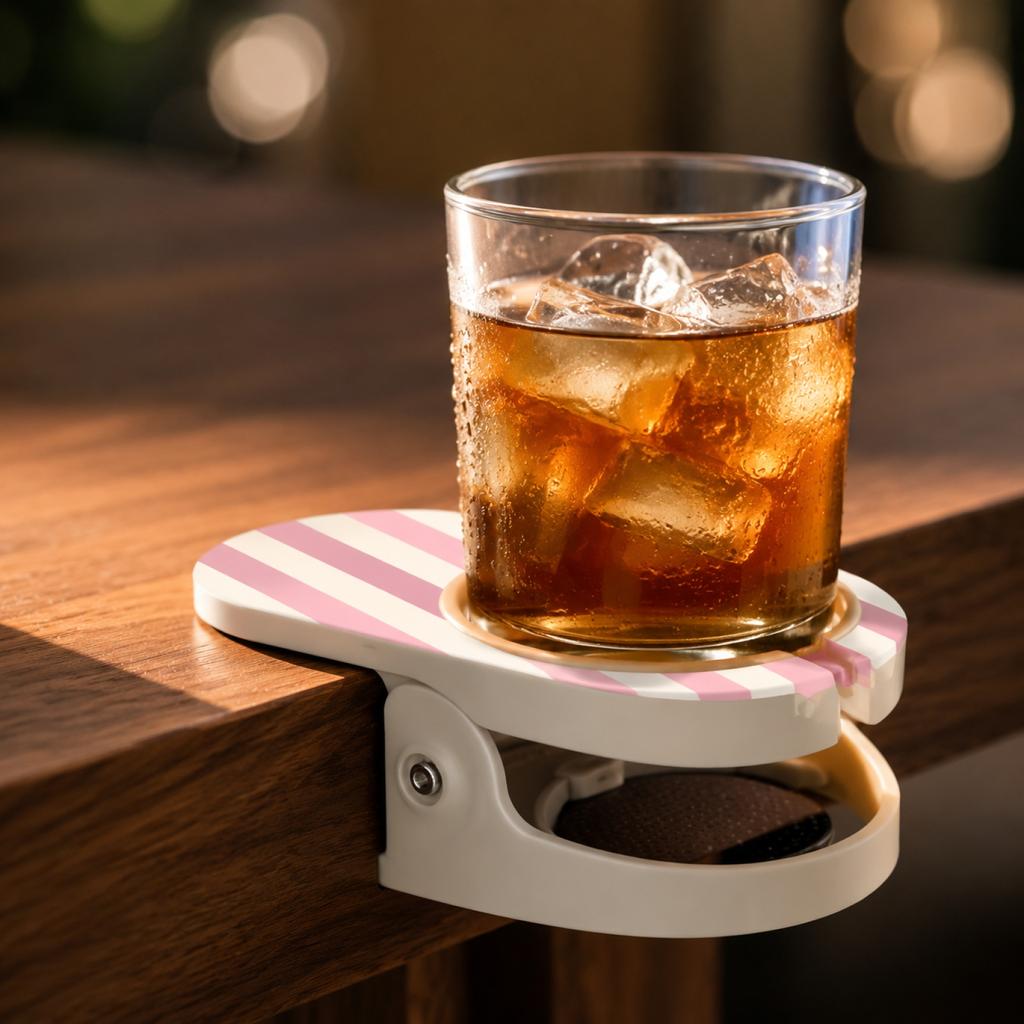 Clip On Drink Holder with Striped Design for Desk Table or Outdoor Use Securely Holds Cups Bottles or Cans with Durable Construction and Stable Grip