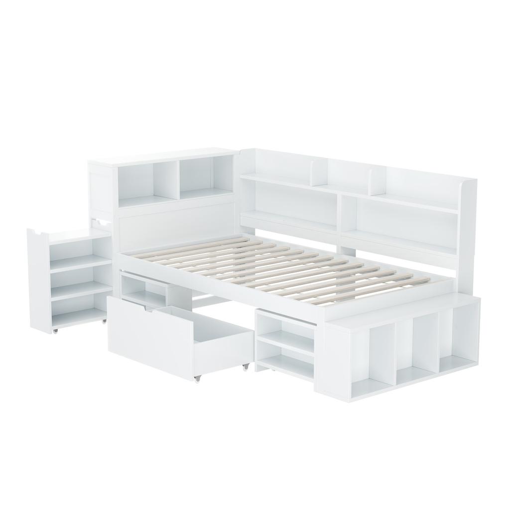 Kinderbett, 90*200 cm, Multifunktional mit Schubladen, Bücherregal und Aufbewahrungsschrank, Großer Stauraum, Lattenrost, ohne Matratze, Weiß