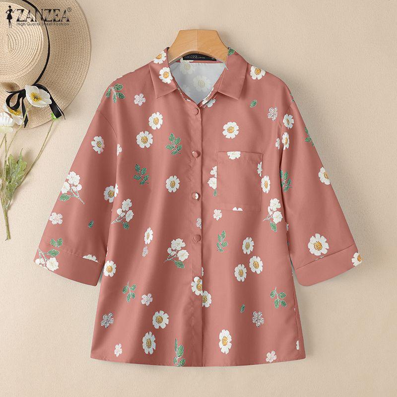 ZANZEA Women Turn Down Collar Casual 3/4 Sleeve Loose Floral Print Blouse