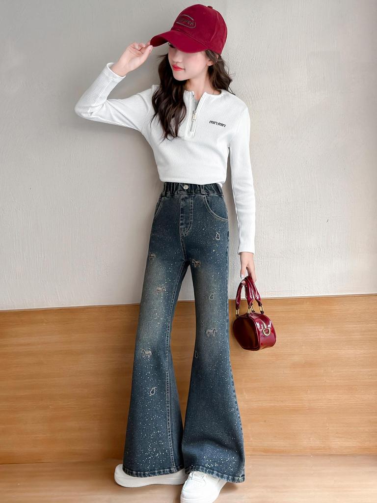 2026 Autumn Girls' Embroidered Rhinestone Denim Retro Micro-Flare Pants for Middle & Big Kids