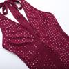 Women Sexy Rhinestone Deep V Backless Sleeveless High Waist Straight Cropped Jumpsuit