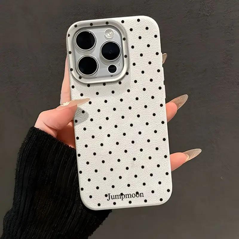 Minimalistyczny Czarny Wzór w Kropki Modny Pełne Krycie Tekstura Liczi Etui na Telefon dla iPhone 17 16 15 14 13 12 11 Pro Max Pokrowiec