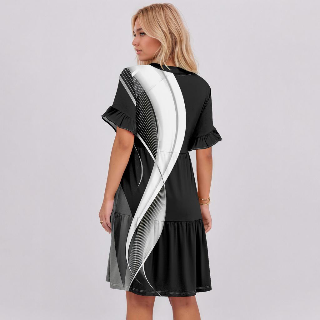 Womens Summer Dress Short Sleeve V Neck Short Dresses Fashion Casual Flowy Boho Ruffle A Line Swing Sundress With Pockets