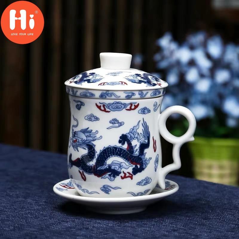 Hi Blue and White Porcelain Office Teacups with Lid Filter Creative Ceramic Hand-Painted Water Cups Household Drinkware Gifts
