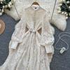 French retro court style bead single-breasted strap waist embroidered mesh dress women's elegant big swing dress