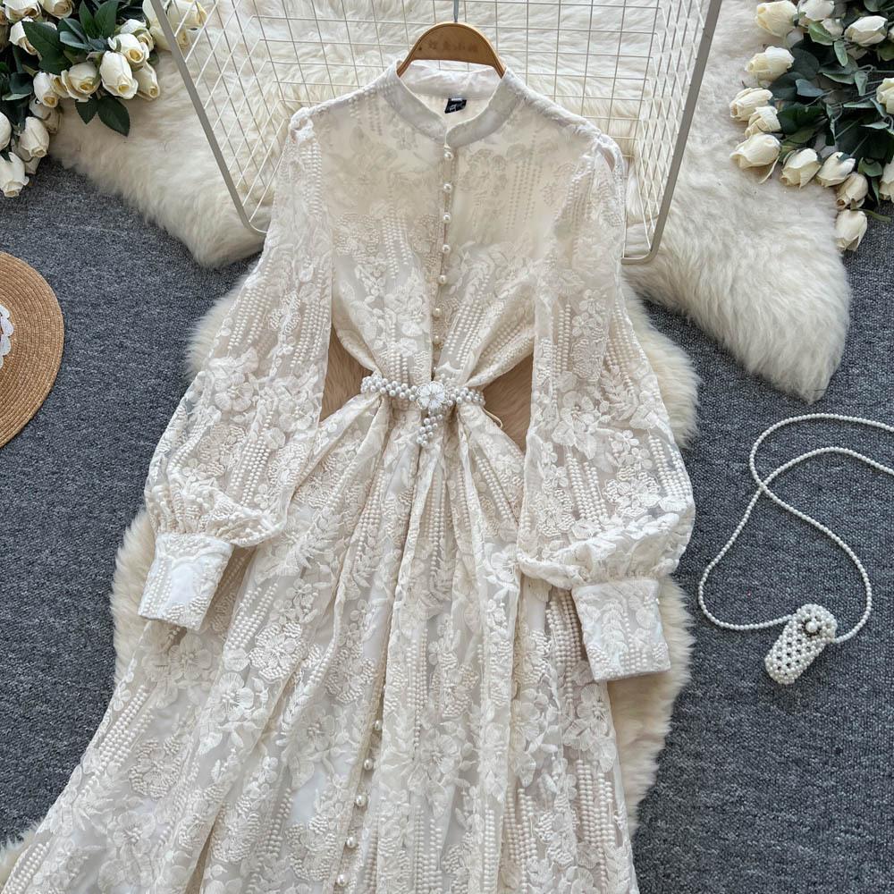 French retro court style bead single-breasted strap waist embroidered mesh dress women's elegant big swing dress
