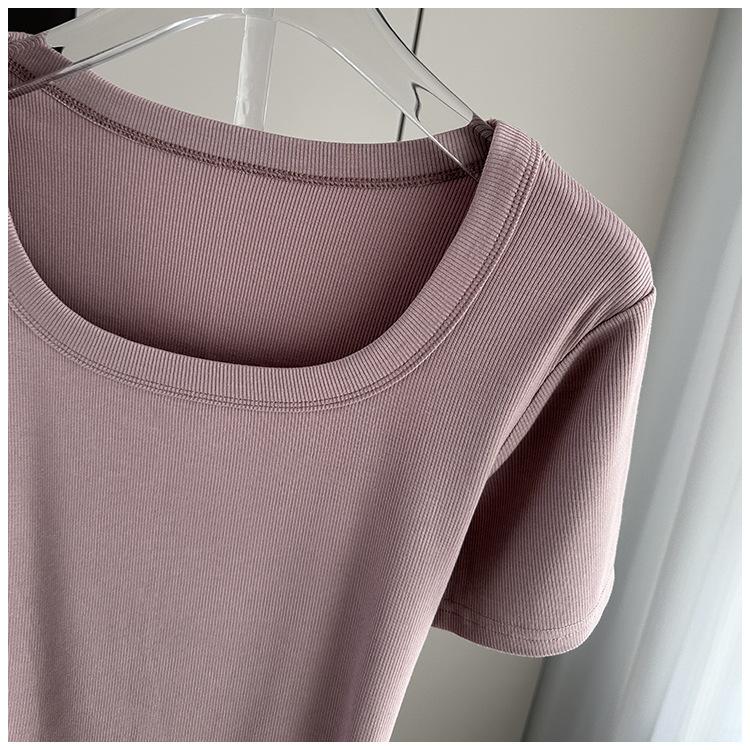 Klassisches geripptes quadratisches Hals-Kurzarm-T-Shirt Locker Schlank Sommer Basis-Oberteil Dehnbar Schlanke Basisschicht Weicher Rippstoff Gut für Innen- und Außenbekleidung Oberteil