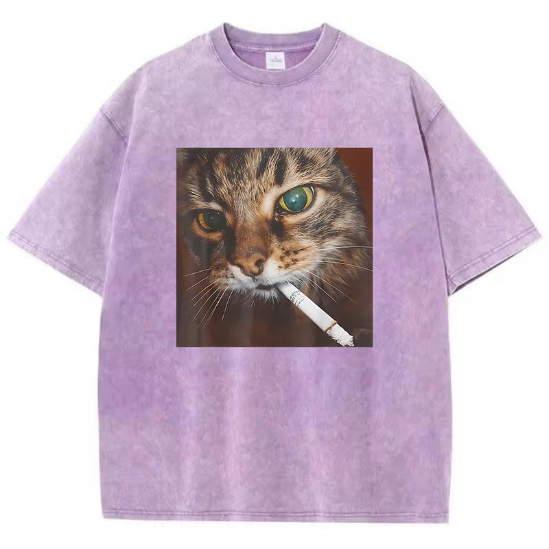 Hip Hop 2000s Smoking Retro Cat T Shirt Vintage Washed Cotton T-Shirt Graphic Tee Casual Streetwear Spring Summer