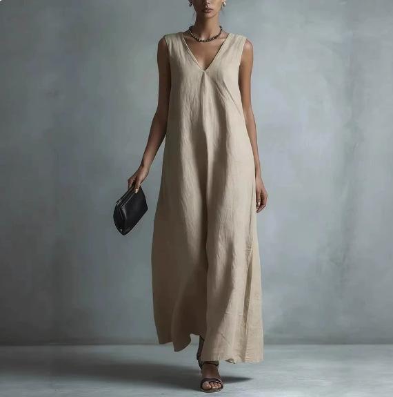 European and American Spring and Summer New Casual Temperament V-neck Fashion Sleeveless Cotton Dress Women's Summer