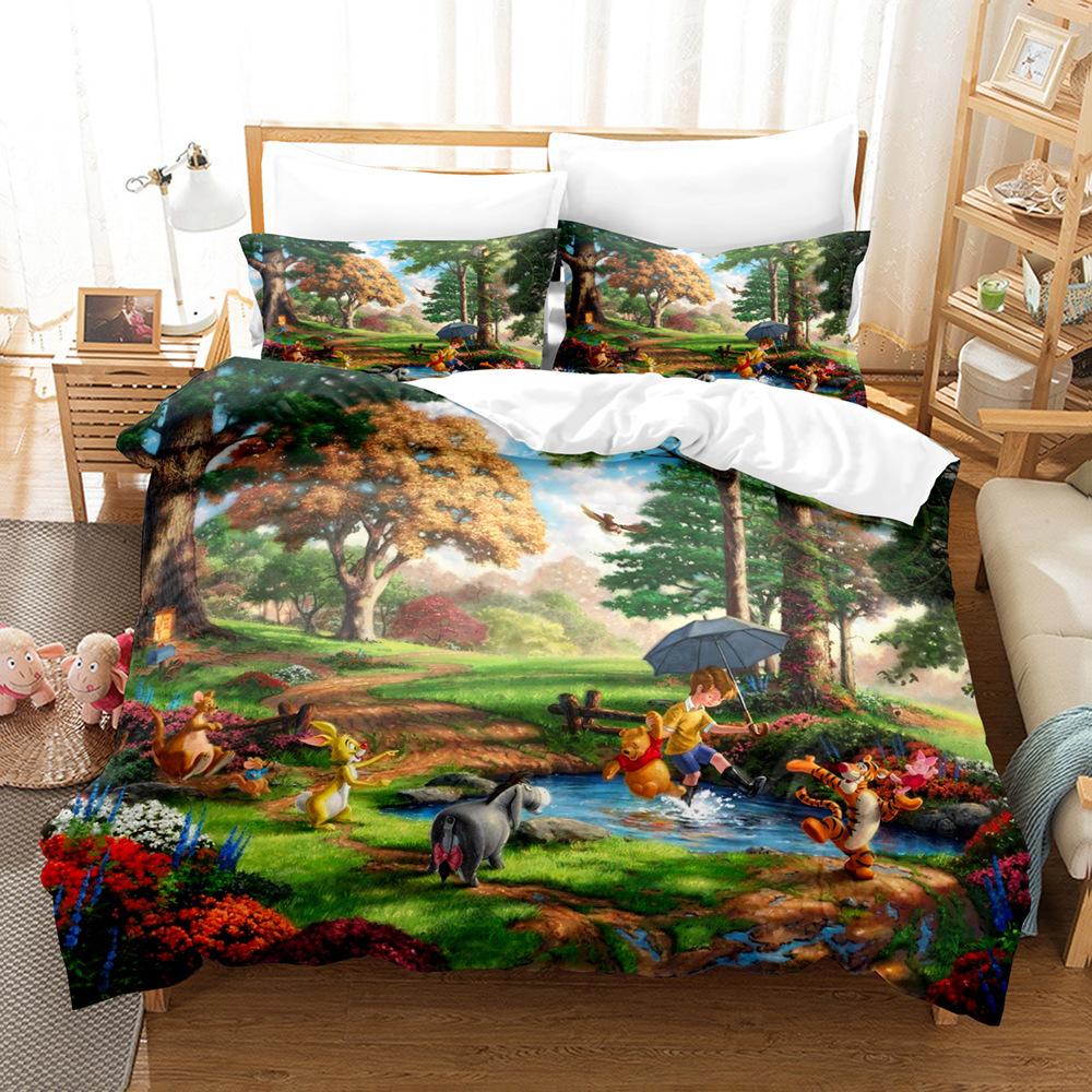 Niedliches Cartoon Winnie the Pooh Dreiteiliges Set 3D-gedruckter Bettdeckenbezug Kissenbezug Bettwäsche-Set Kann bestellt werden