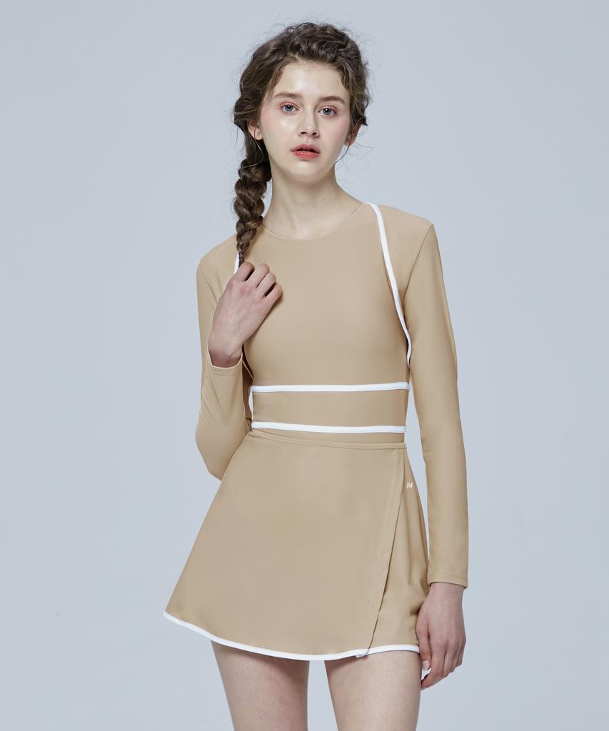 Leijibi [Set] Multi-Tension Halterneck Swimsuit 3-Pcs Set Beige