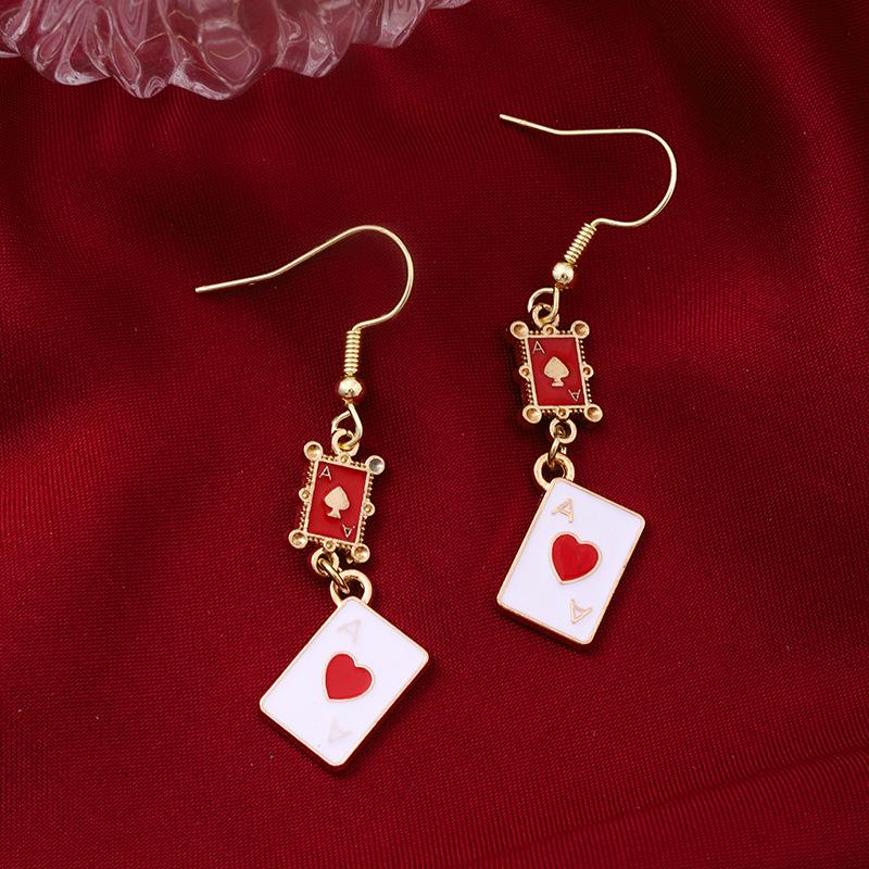 High-End Alloy Playing Card Pendant Earrings - Women's Heart & Spade Design