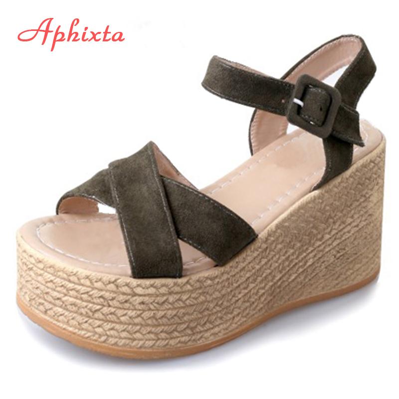 Aphixta Platform Wedge Heel Women's Sandals Woman Shoes Flock Summer Peep Toe High Heel Buckle Sandals Sandalia Feminina