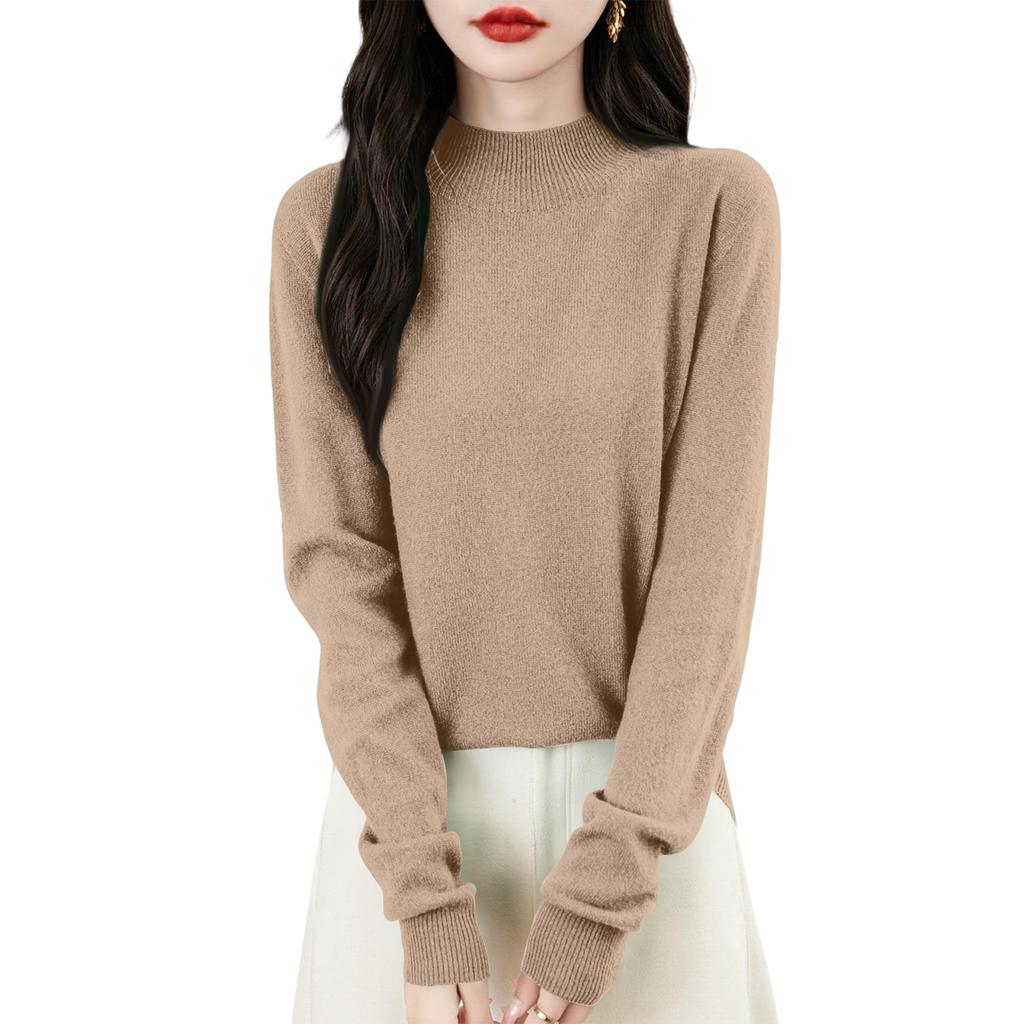 Women's Fashion Flat-Knit Half-Turtleneck Pullover Sweater Solid Color Long-Sleeve Top