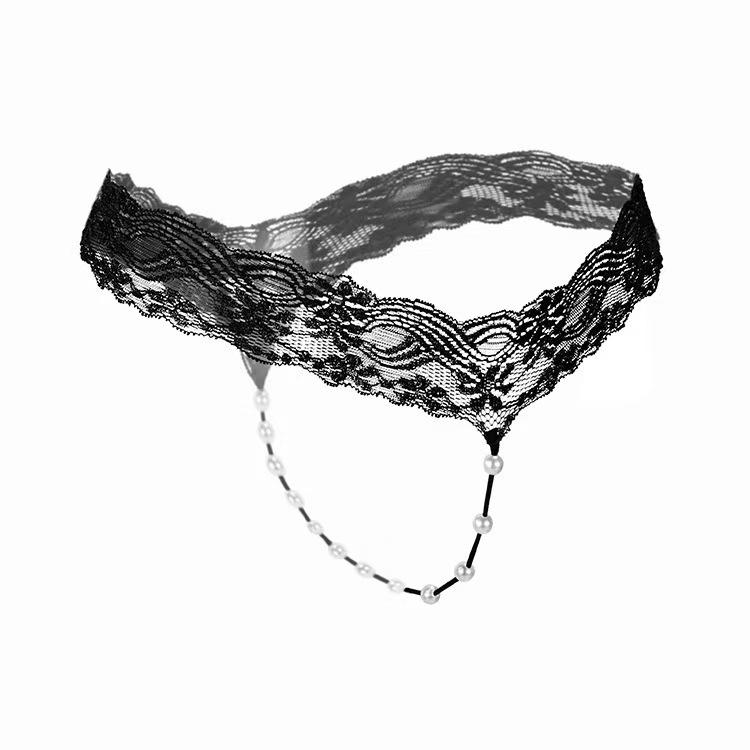 Crotchless Lace Pearl Massage Thong: Sexy Transparent Temptation Panties