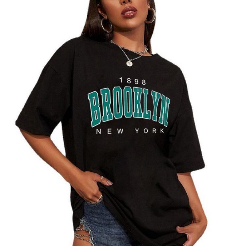 Women's Cotton Letter Print Loose Mid-Length Short Sleeve T-Shirt
