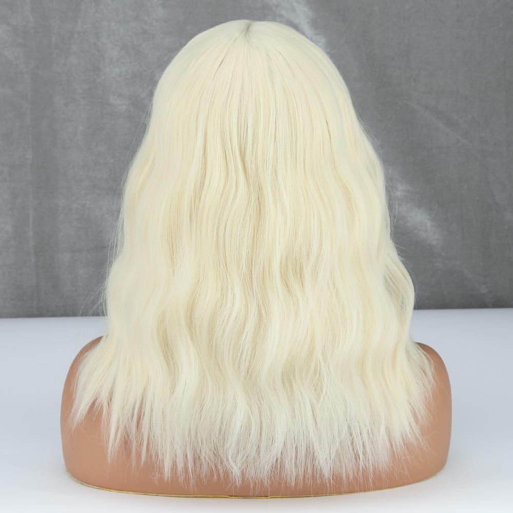 MISS WIG Hellblonde Perücke aus Kunstfaser mit natürlichen Wellen und Pony, für den Alltag, Cosplay, reine Farbe, Blond, Grau, Schwarz, Braun, gewellte Perücke