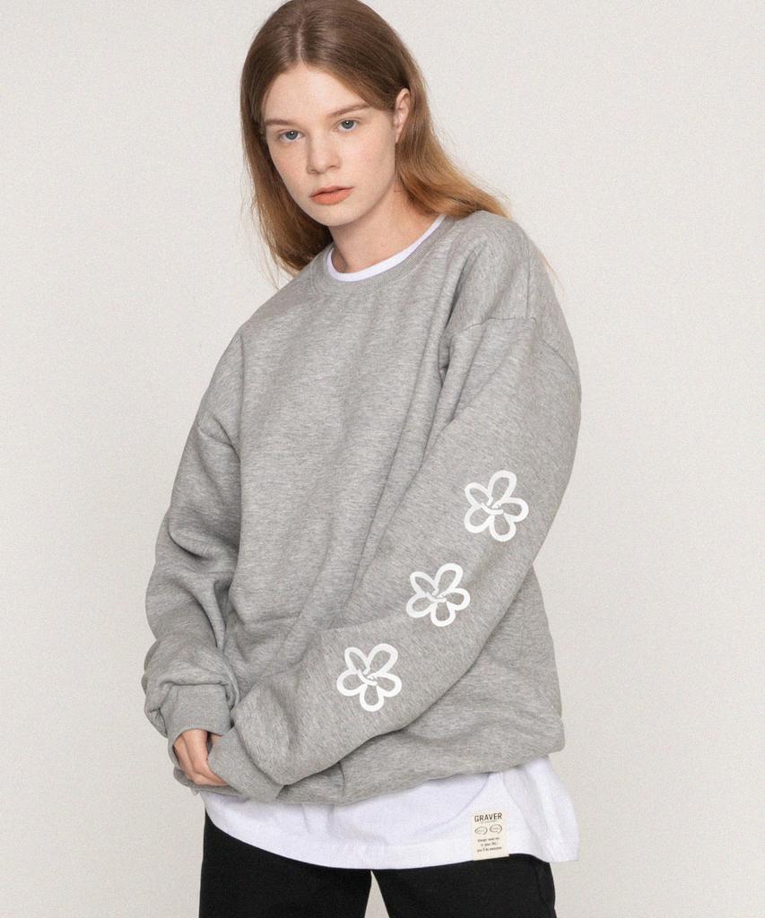 GRAVER [Unisex] Elbow 3 Line Flower Sweatshirt_Gray