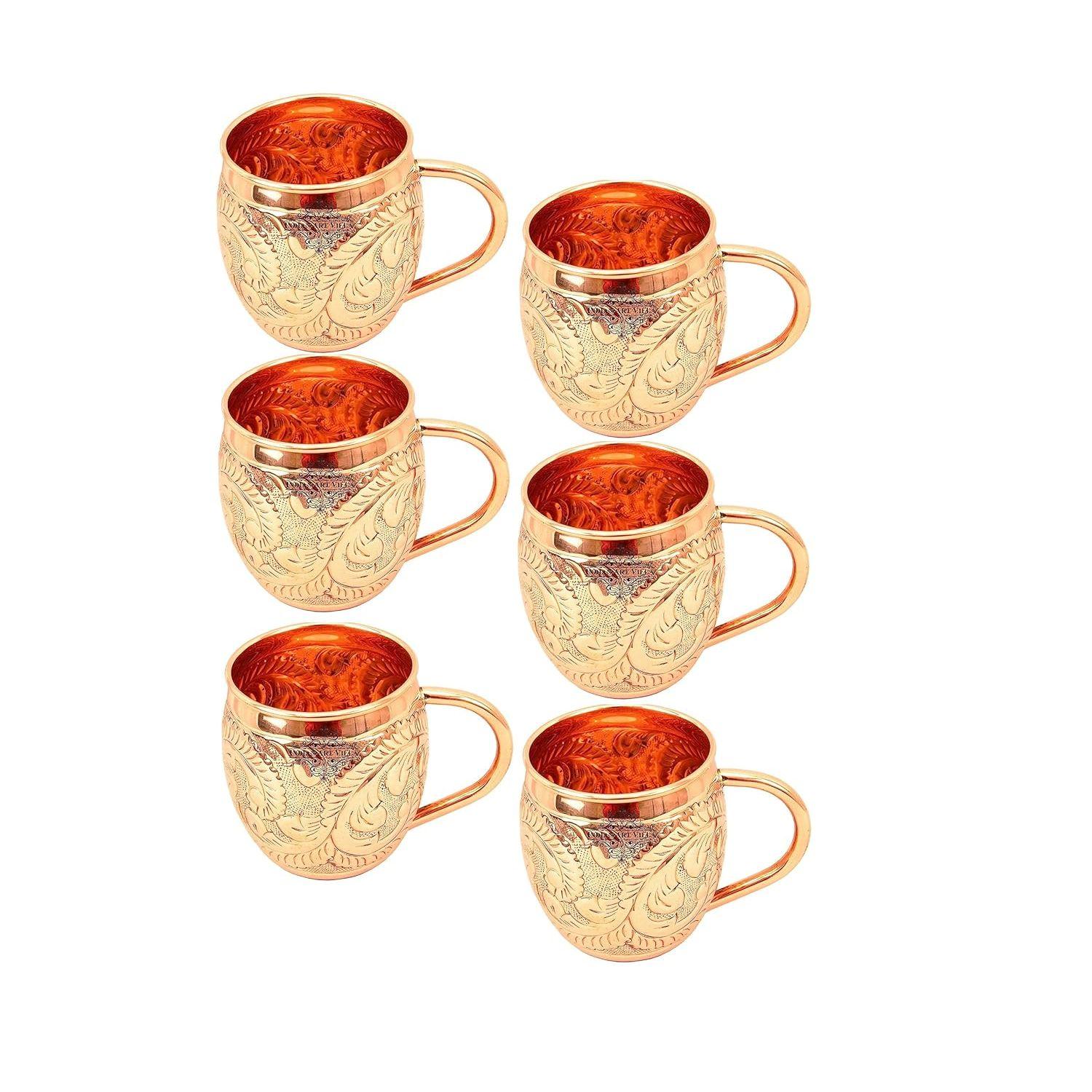 

Pure Copper Round Shaped Flower Embossed Design Moscow Mule Beer Mug Cup, Best for Beer Cocktail Parties, Barware, Volume-450ML, Set of 6