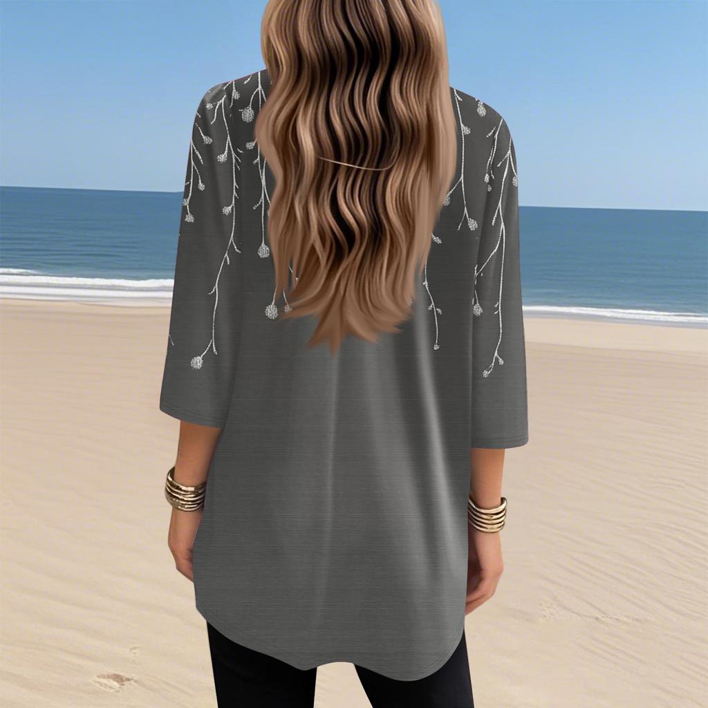Dámská neformální košile s 3/4 rukávem Módní potisk tunikových topů s kapsami
