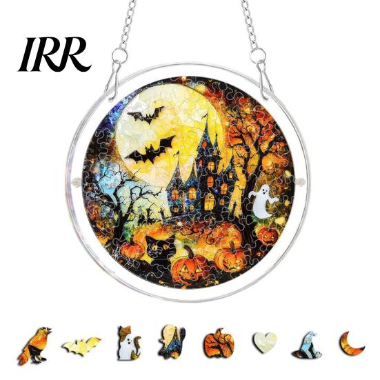 Halloween Party Decoration Acrylic Puzzle Suncatcher, Black Cat Castle Raven DIY Sun Suncatcher Catcher Kit, Stained Glass Window Hanging Ornament for F