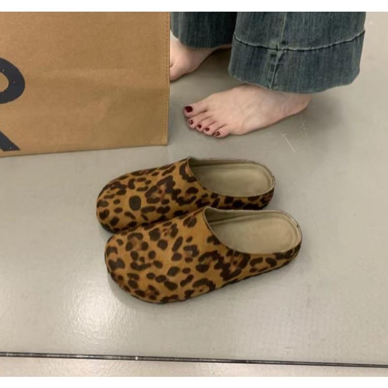 New Classic Women's Leopard Closed Toe Cork Flats Slippers Ladies Leopard Cork Slippers Camo Mule Clogs Shoes  Zapatos De Mujer