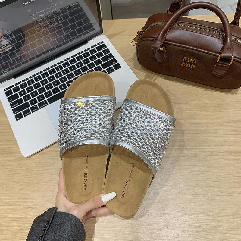 Women's shoes 2025 summer new wear fashion versatile mesh rhinestone decoration one-word drag thick-soled beach cool slippers