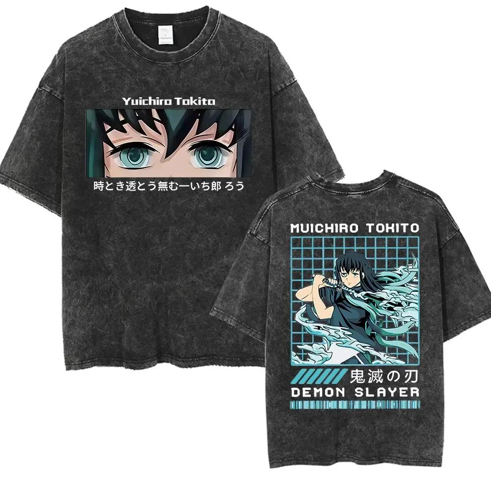 Hot Sale Demon Slayer Tokitou Muichirou Graphics Print T-shirt Men Women Vintage Washed Cotton Loose Casual Oversized Short Sleeve Streetwear Top