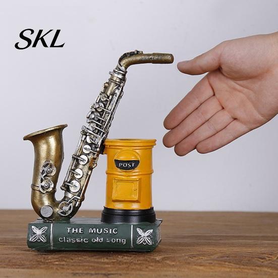 Retro Desk Decor Vintage Saxophone & Violin Pen Holder, Resin Musical Instrument Organizer, Weighted Artistic Organizer Base Pencil Stand for