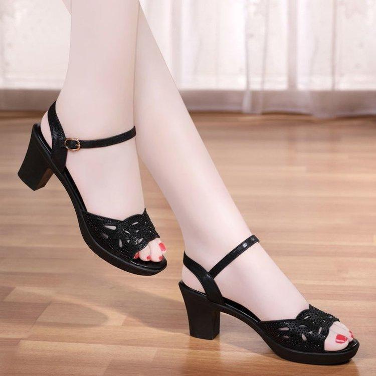 2025 new thick heel sandals women's summer fish mouth women's shoes sexy high heels women's black mother shoes children's middle heel