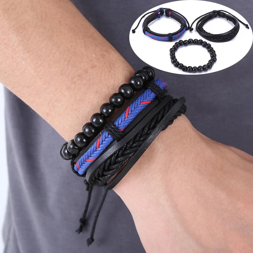 3-4Pcs Vintage Leather Bracelet Set For Men Tree of Life Charm Black Woven Rope Beads Chain Wrap Bangle Women Handmade Jewelry