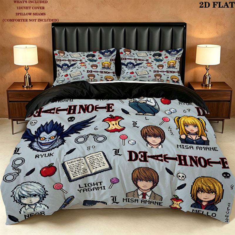 Pościel z Wzorem Death Note Zestaw Kołdra Poszewka na Kołdrę Poszewka na Poduszkę Domowy Prezent Urodzinowy(1 * poszwa na kołdrę + 2 * poszewki na poduszki, bez rdzenia)